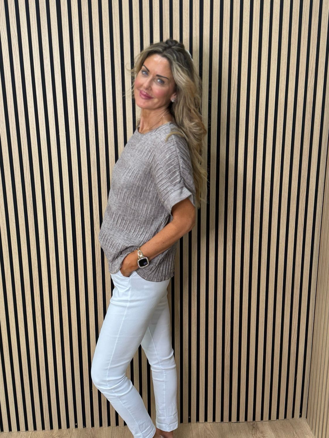 Textured Crinkle Oversized Top - Taupe