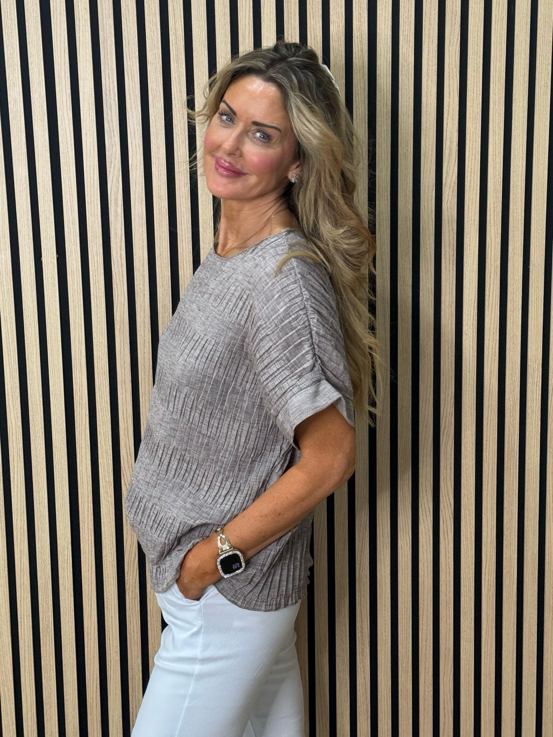 Textured Crinkle Oversized Top - Taupe