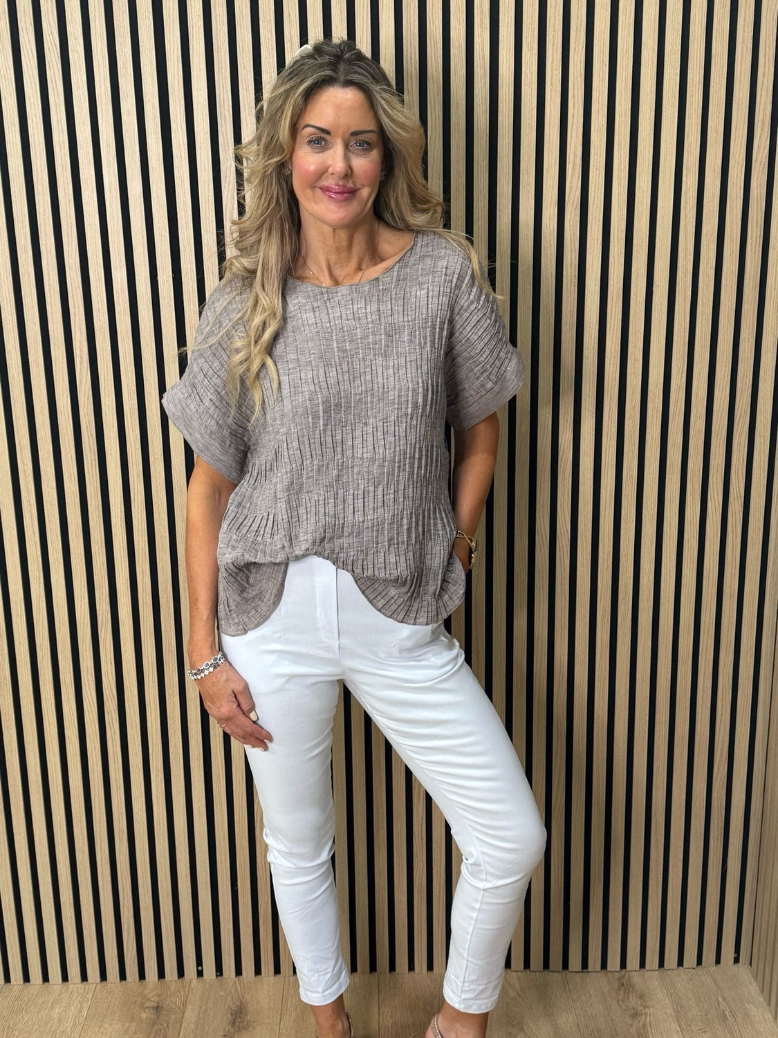 Textured Crinkle Oversized Top - Taupe