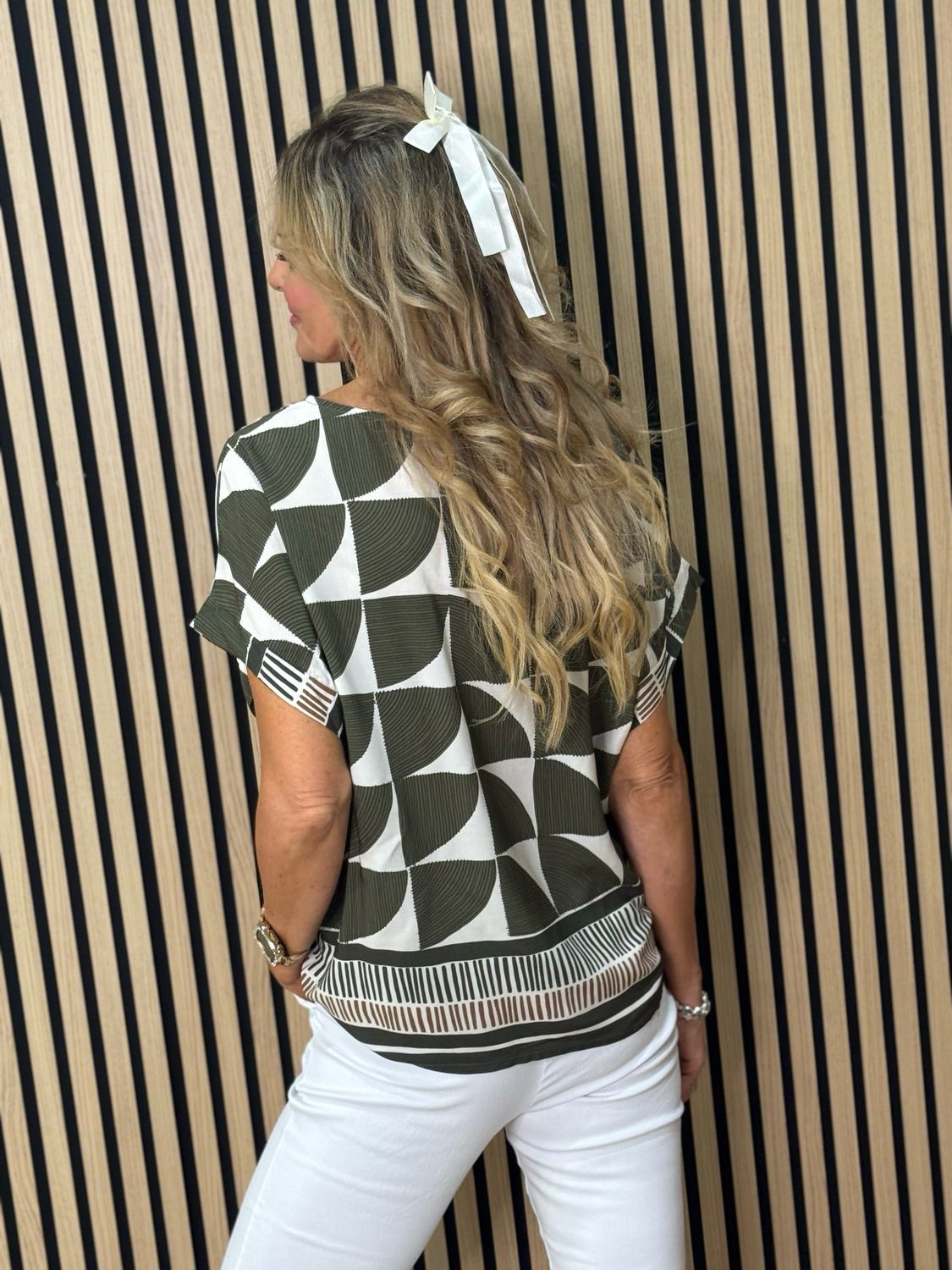 Geometric Print Oversized Top - Khaki