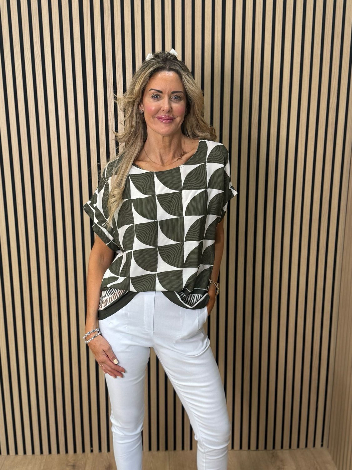 Geometric Print Oversized Top - Khaki