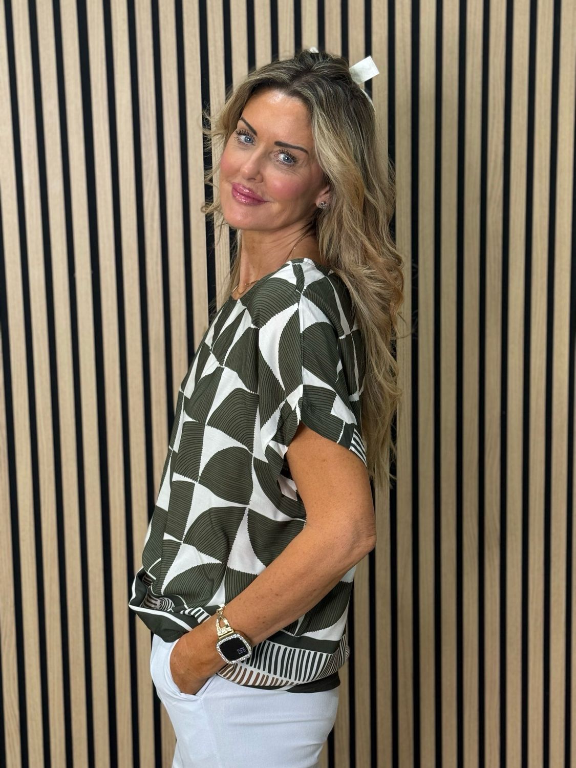 Geometric Print Oversized Top - Khaki