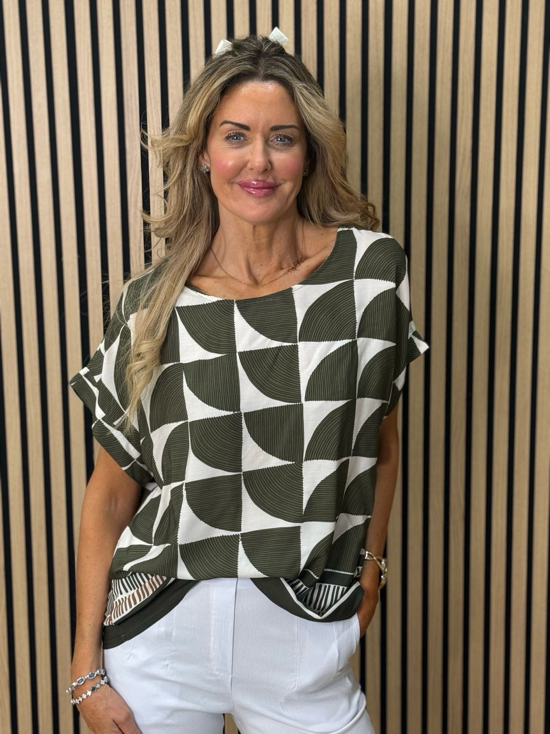 Geometric Print Oversized Top - Khaki