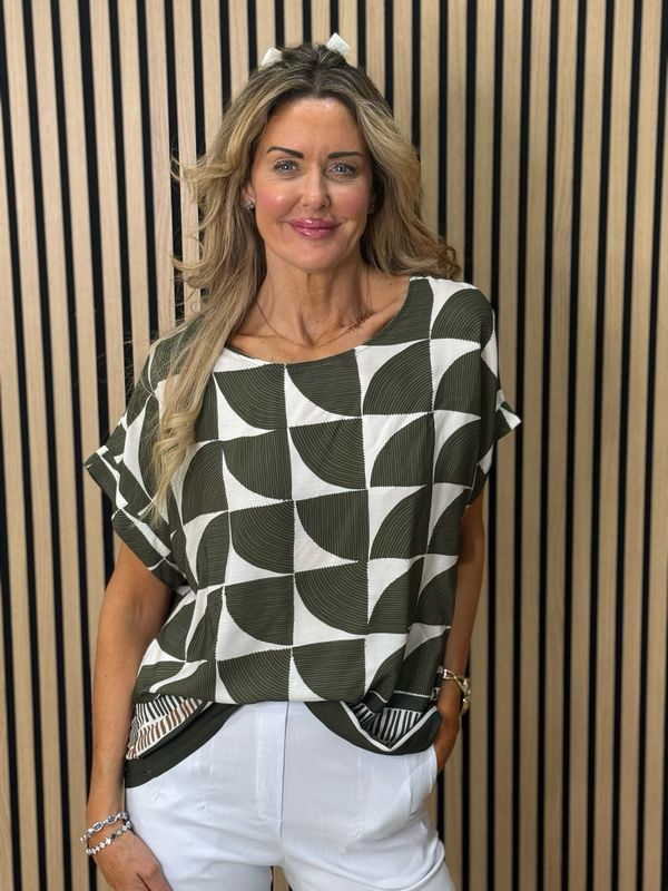 Geometric Print Oversized Top - Khaki