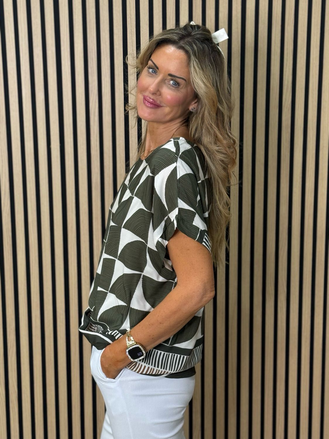 Geometric Print Oversized Top - Khaki