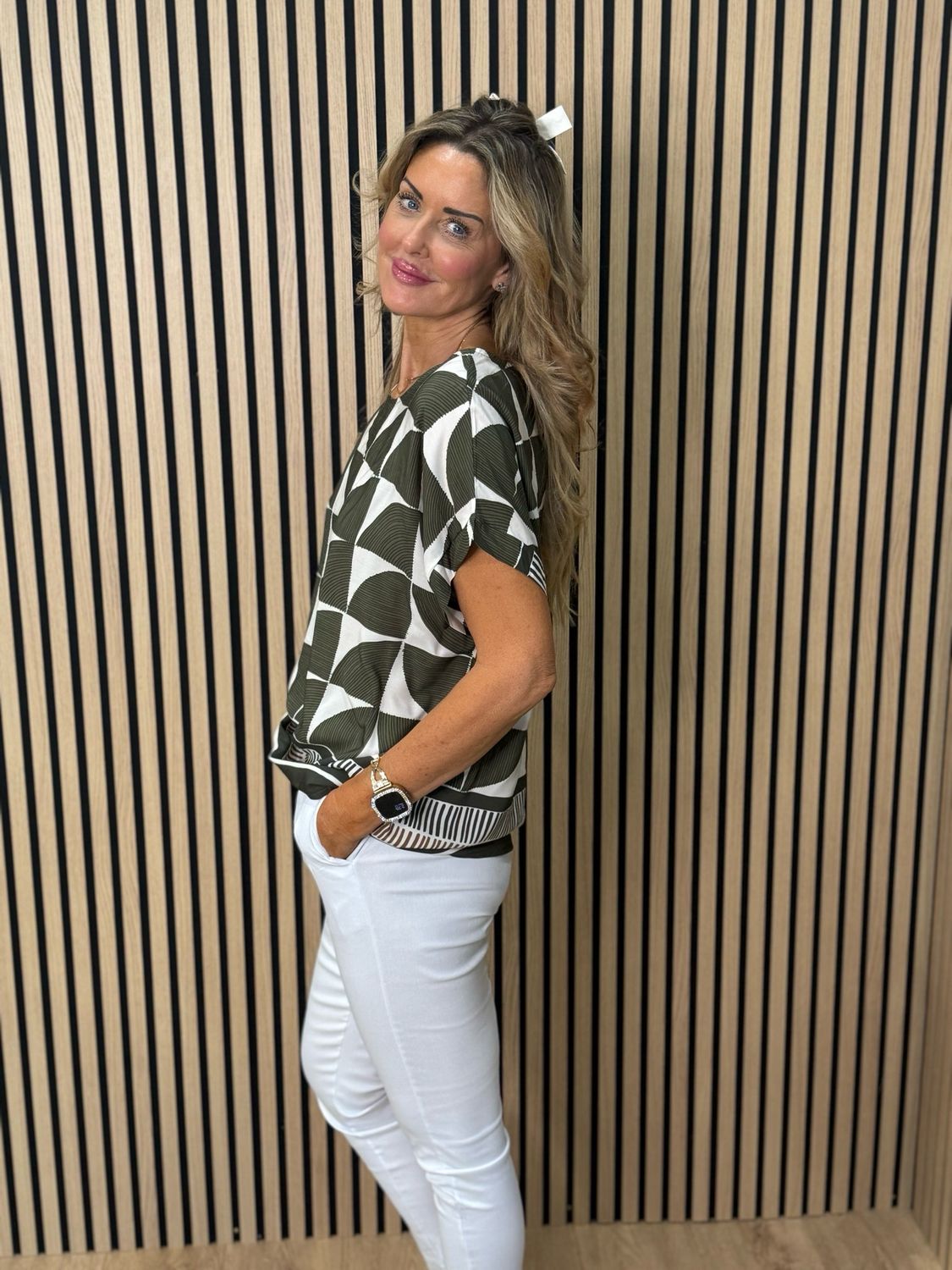 Geometric Print Oversized Top - Khaki