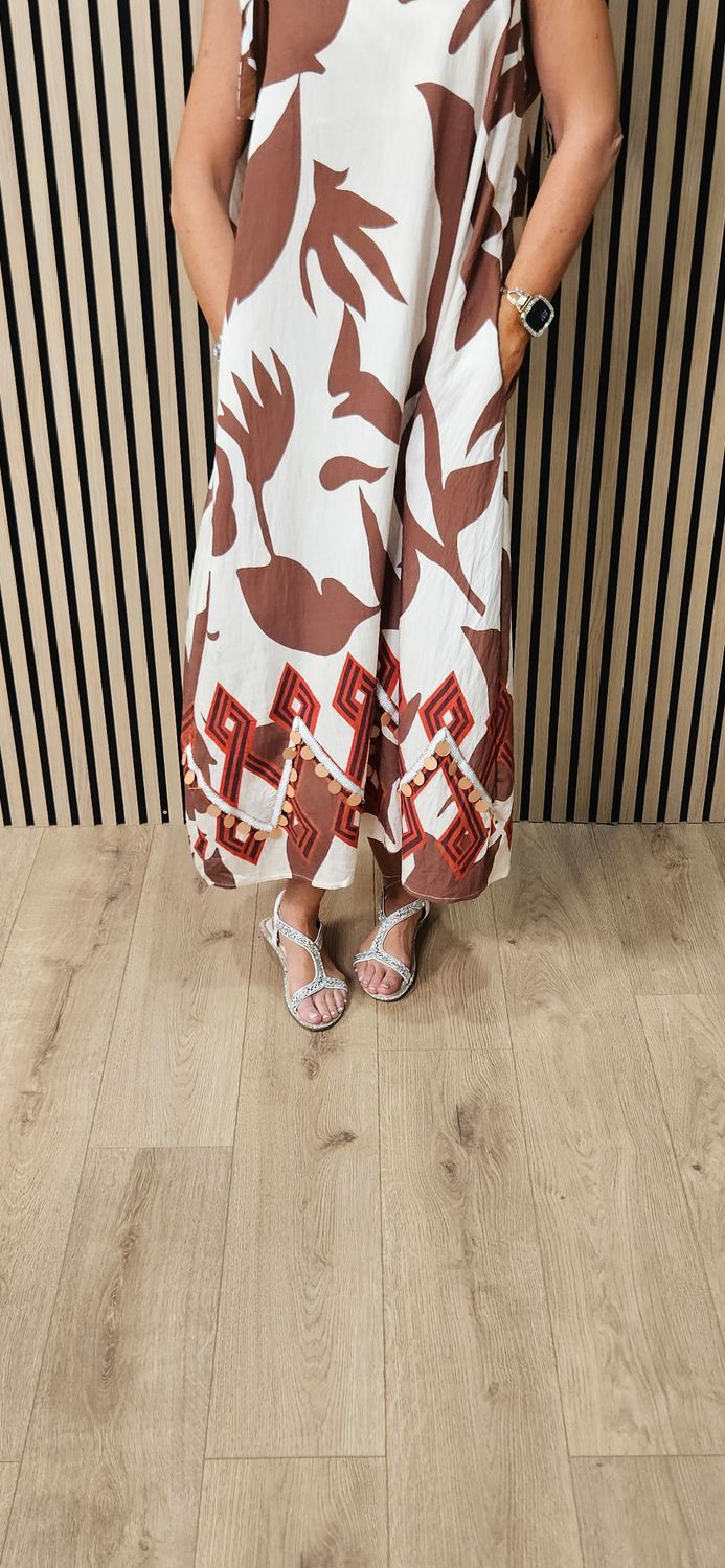 Abstract Print Tie Shoulder Midi Dress - Cream/Brown