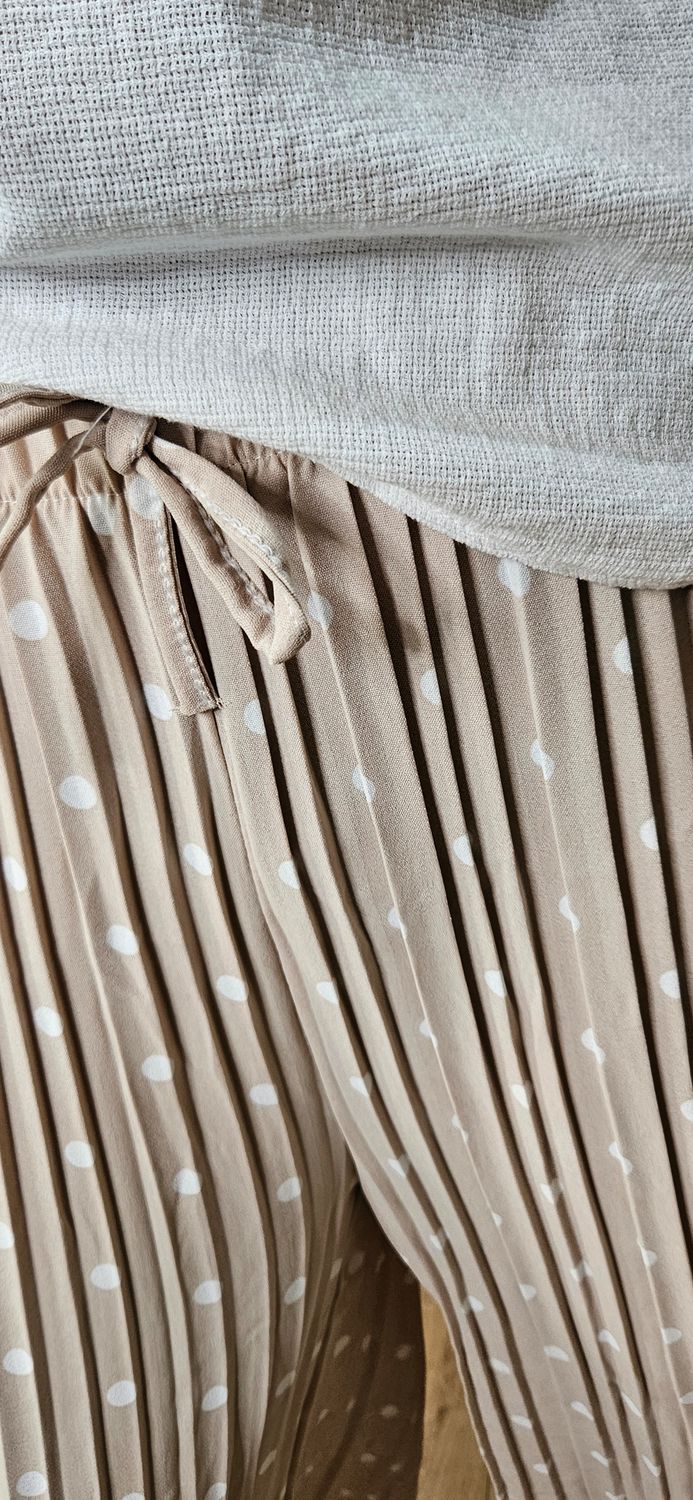 Polka Dot Pleated Wide Leg Trousers -  Cream