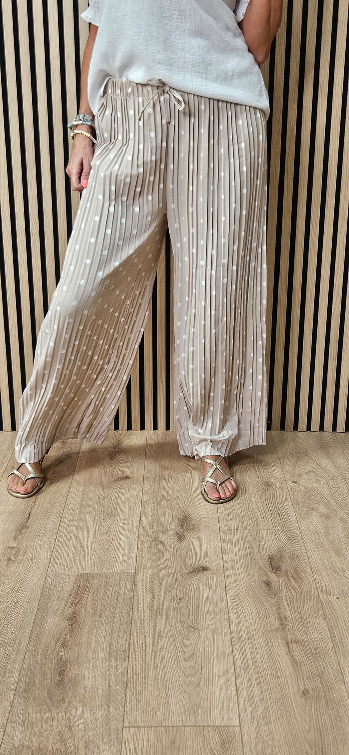 Polka Dot Pleated Wide Leg Trousers -  Cream