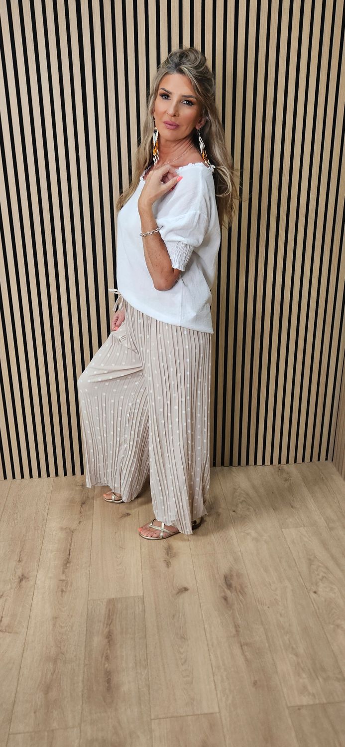 Polka Dot Pleated Wide Leg Trousers -  Cream