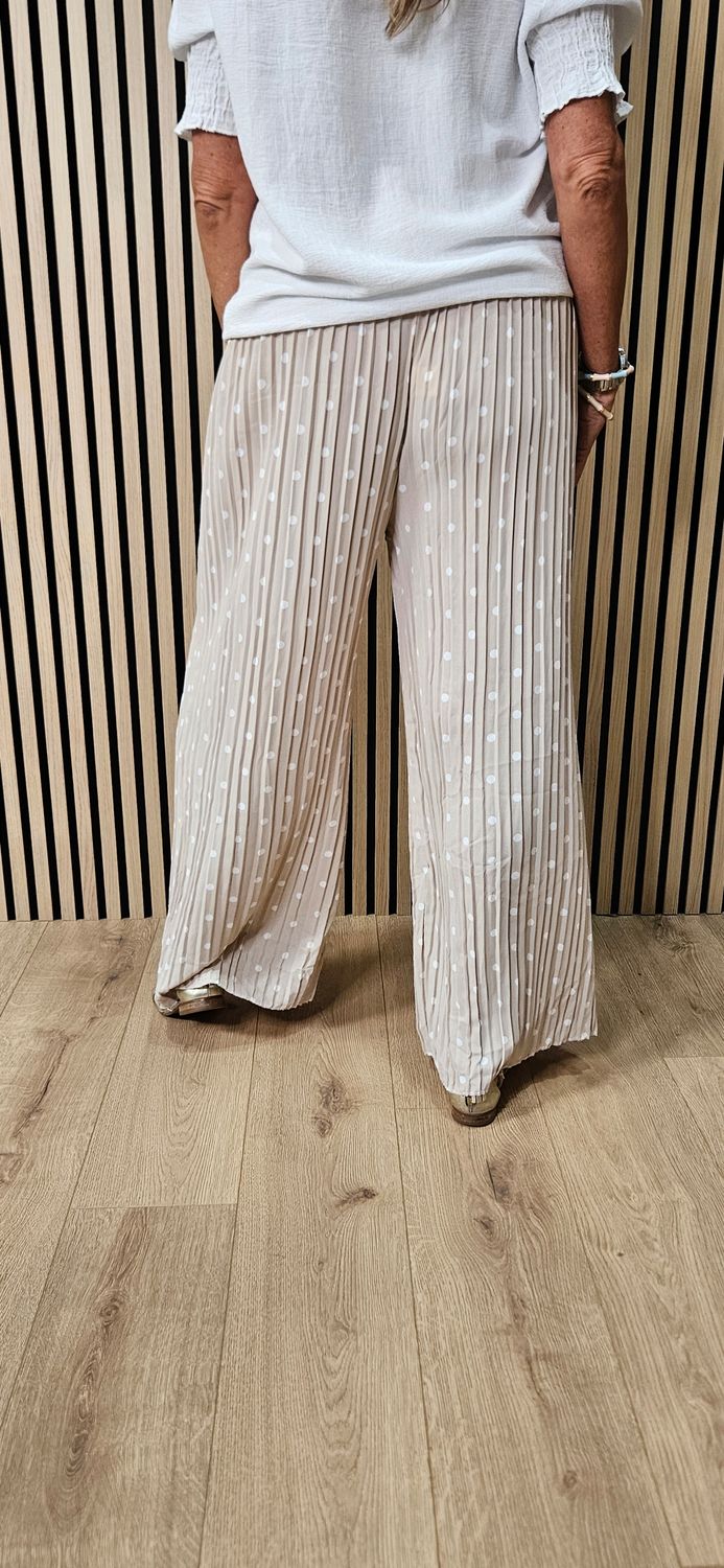 Polka Dot Pleated Wide Leg Trousers -  Cream
