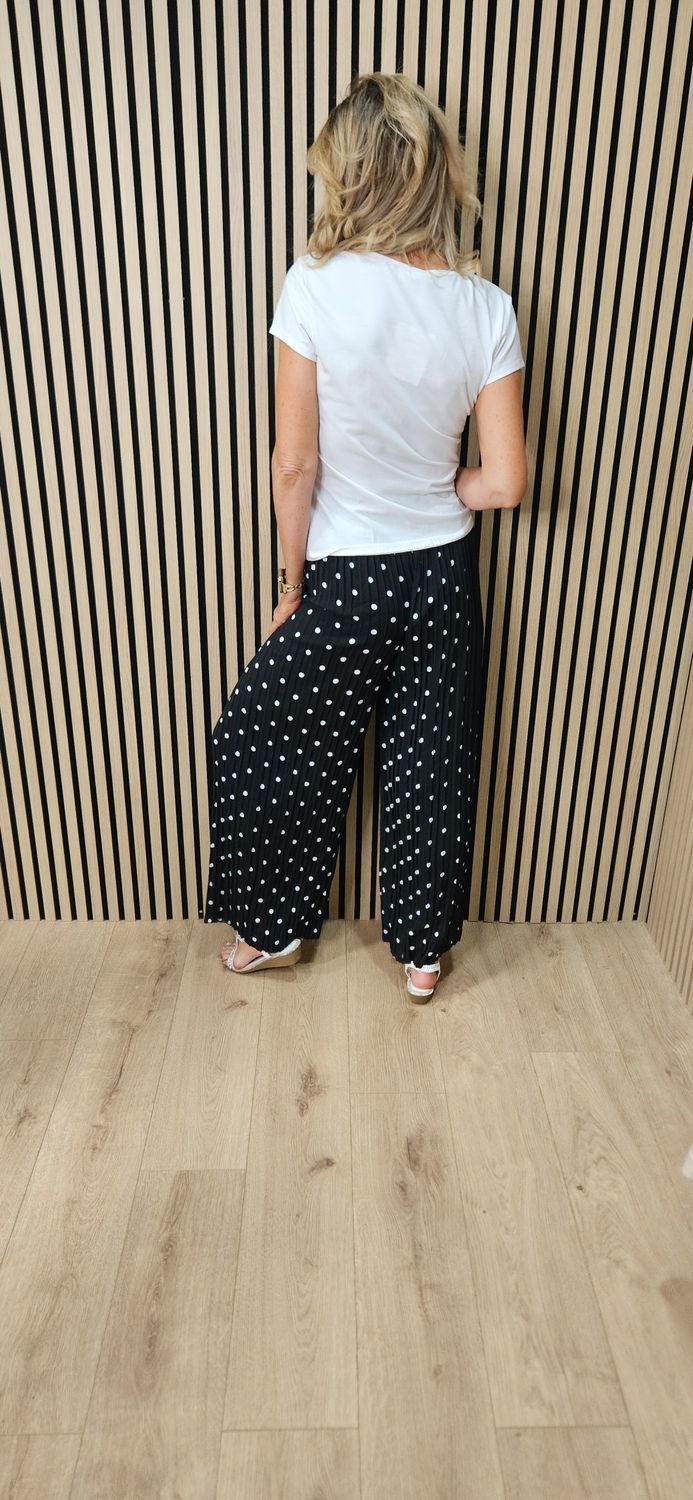 Polka Dot Pleated Wide Leg Trousers - Black