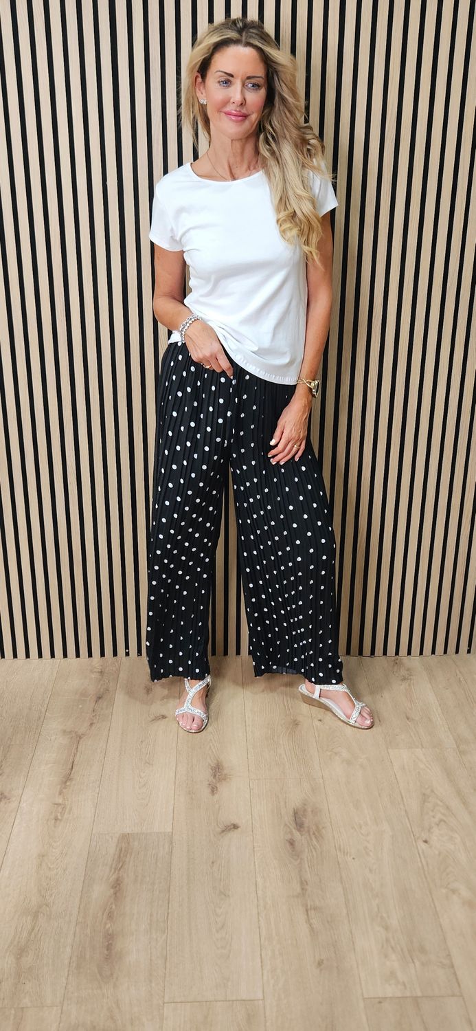 Polka Dot Pleated Wide Leg Trousers - Black