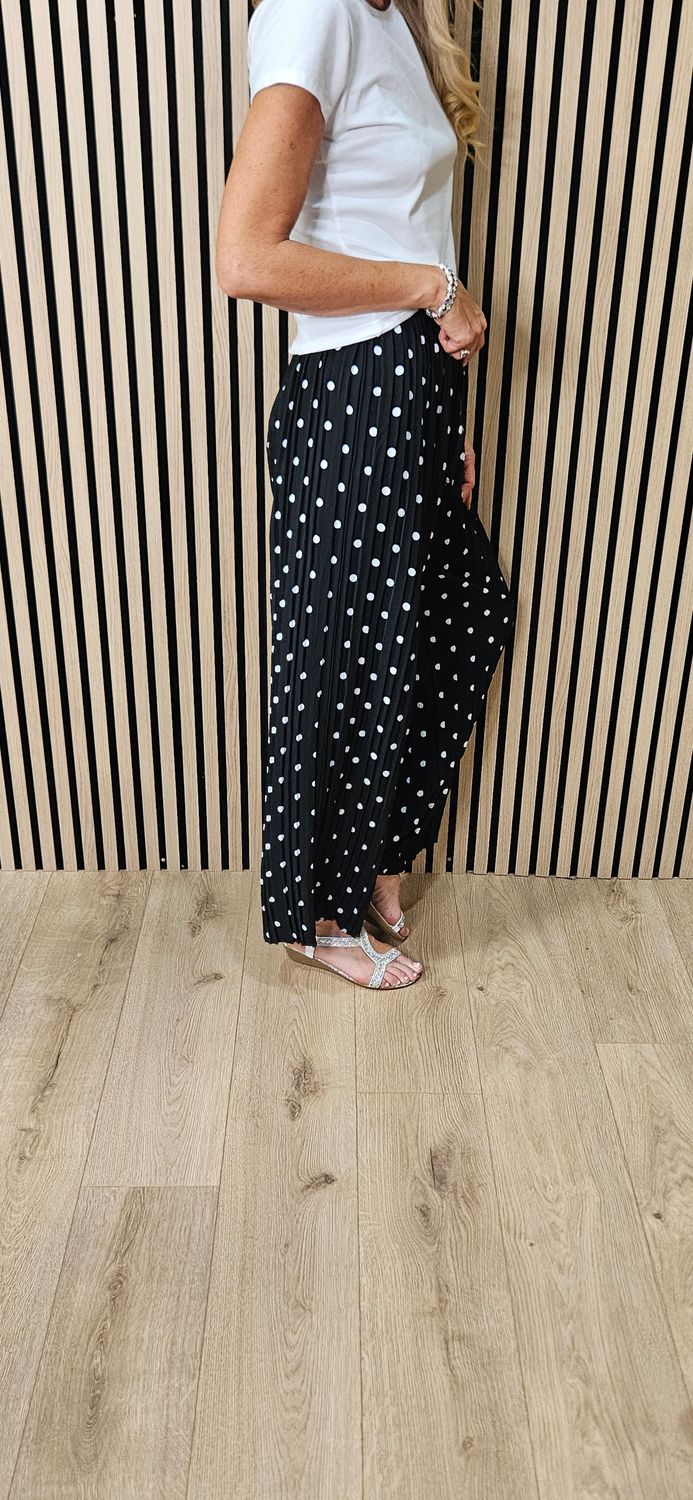 Polka Dot Pleated Wide Leg Trousers - Black