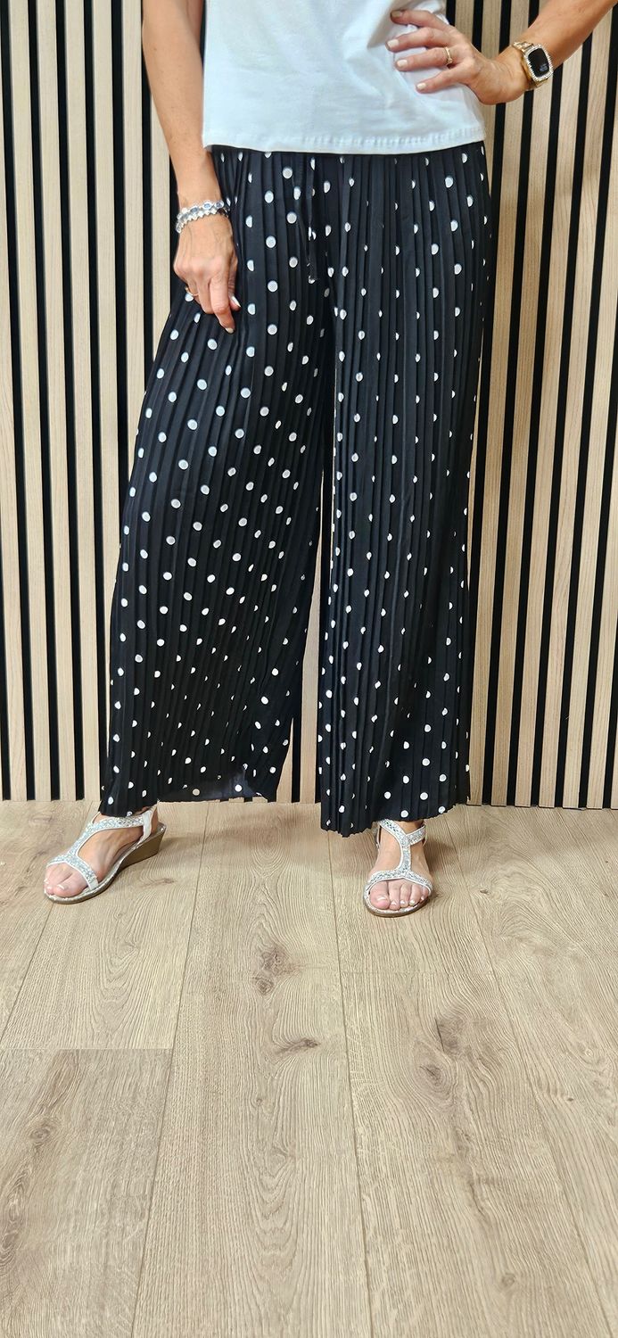 Polka Dot Pleated Wide Leg Trousers - Black