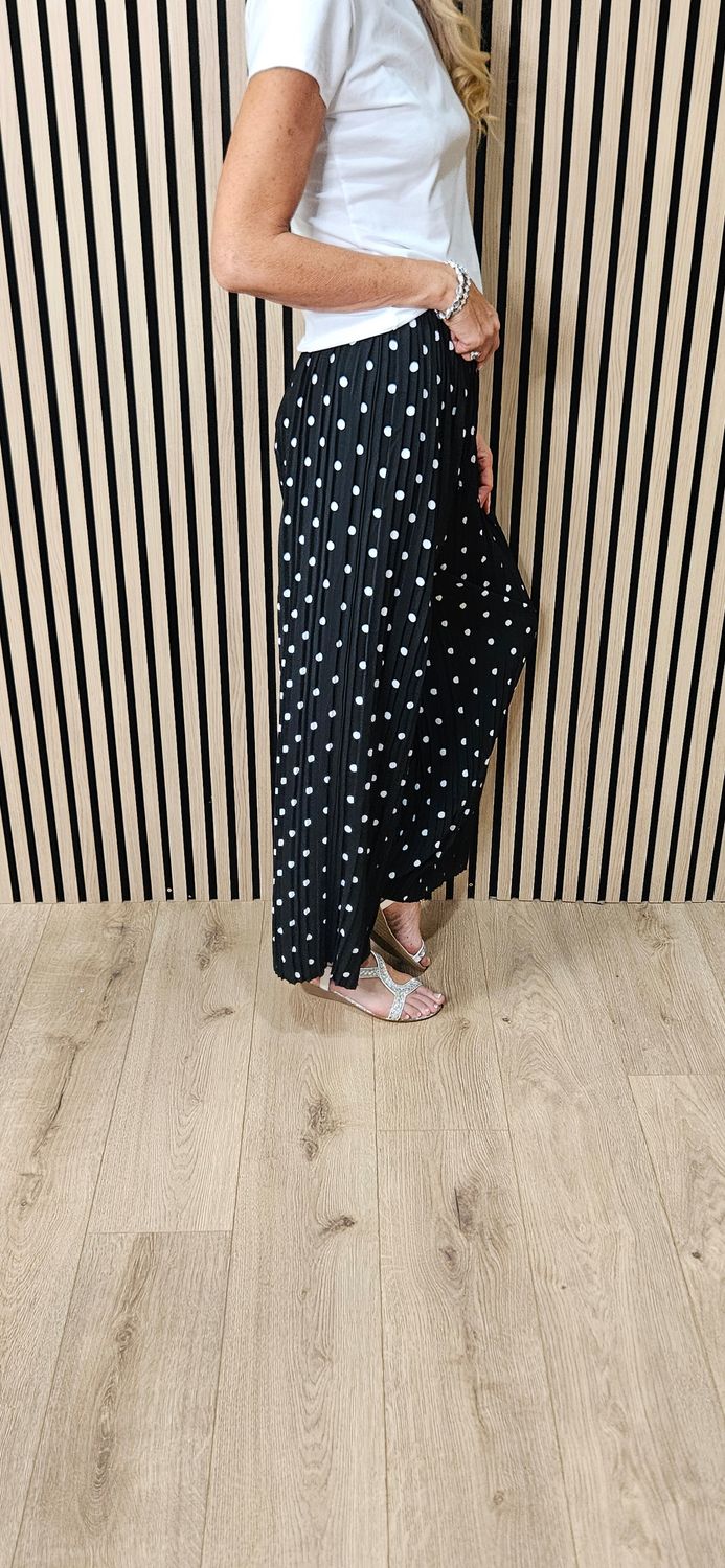 Polka Dot Pleated Wide Leg Trousers - Black