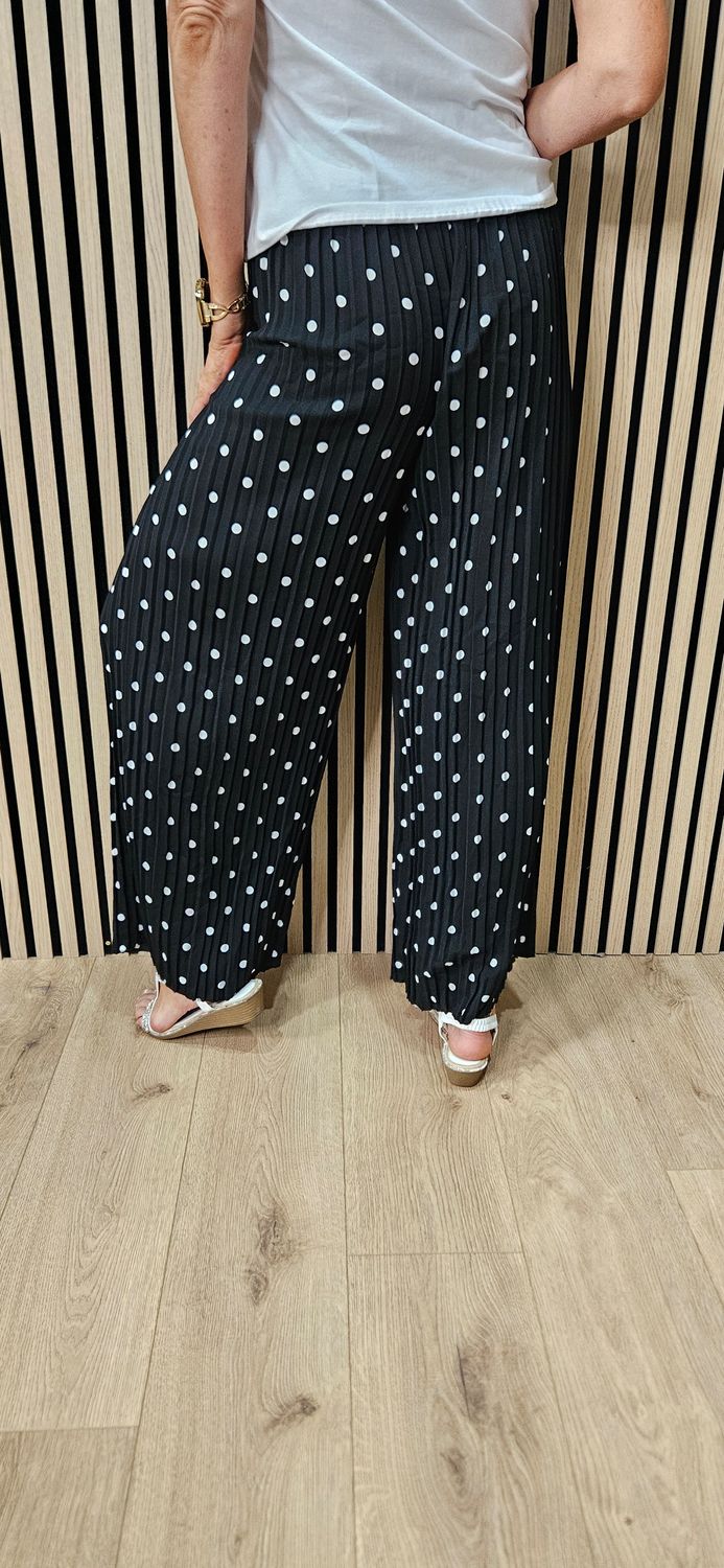 Polka Dot Pleated Wide Leg Trousers - Black