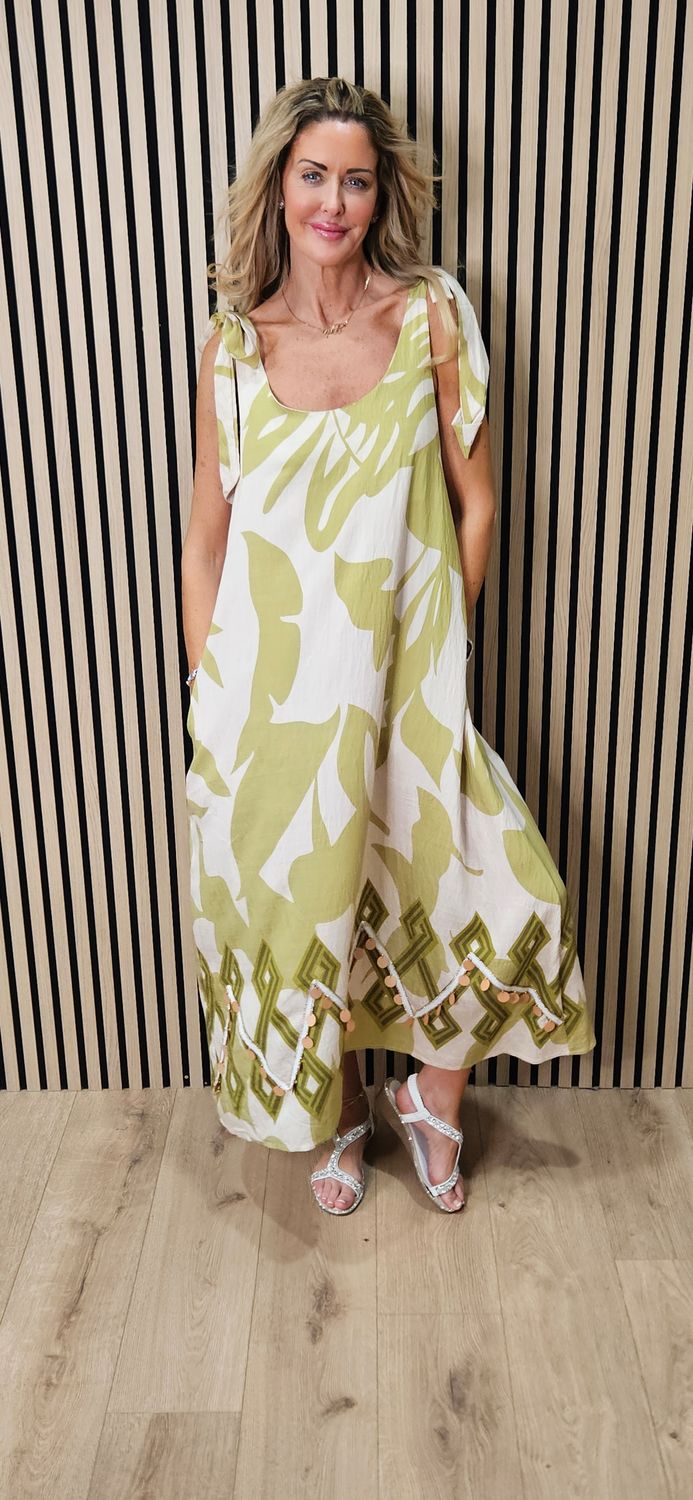 Abstract Print Tie Shoulder Midi Dress – Lime/Cream