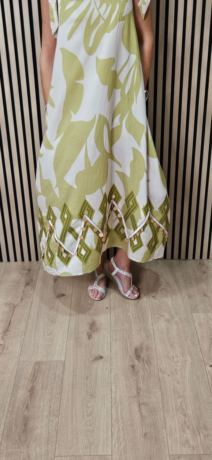 Abstract Print Tie Shoulder Midi Dress – Lime/Cream