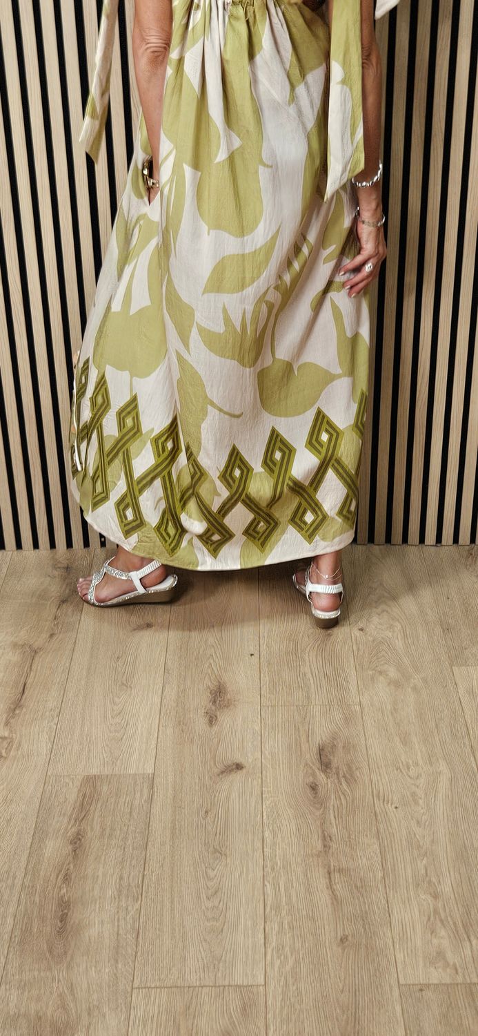 Abstract Print Tie Shoulder Midi Dress – Lime/Cream