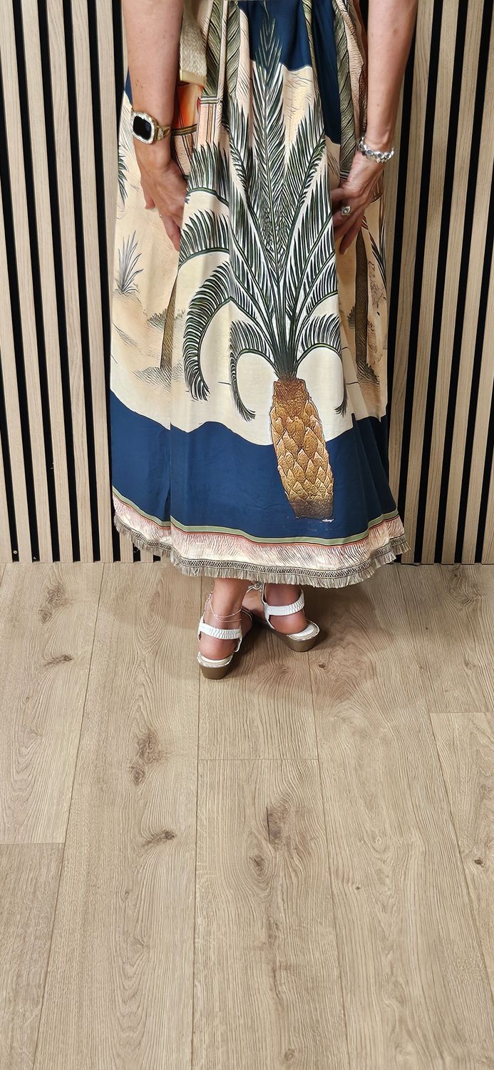 Scenic Palm Print Linen Blend Dress - Navy