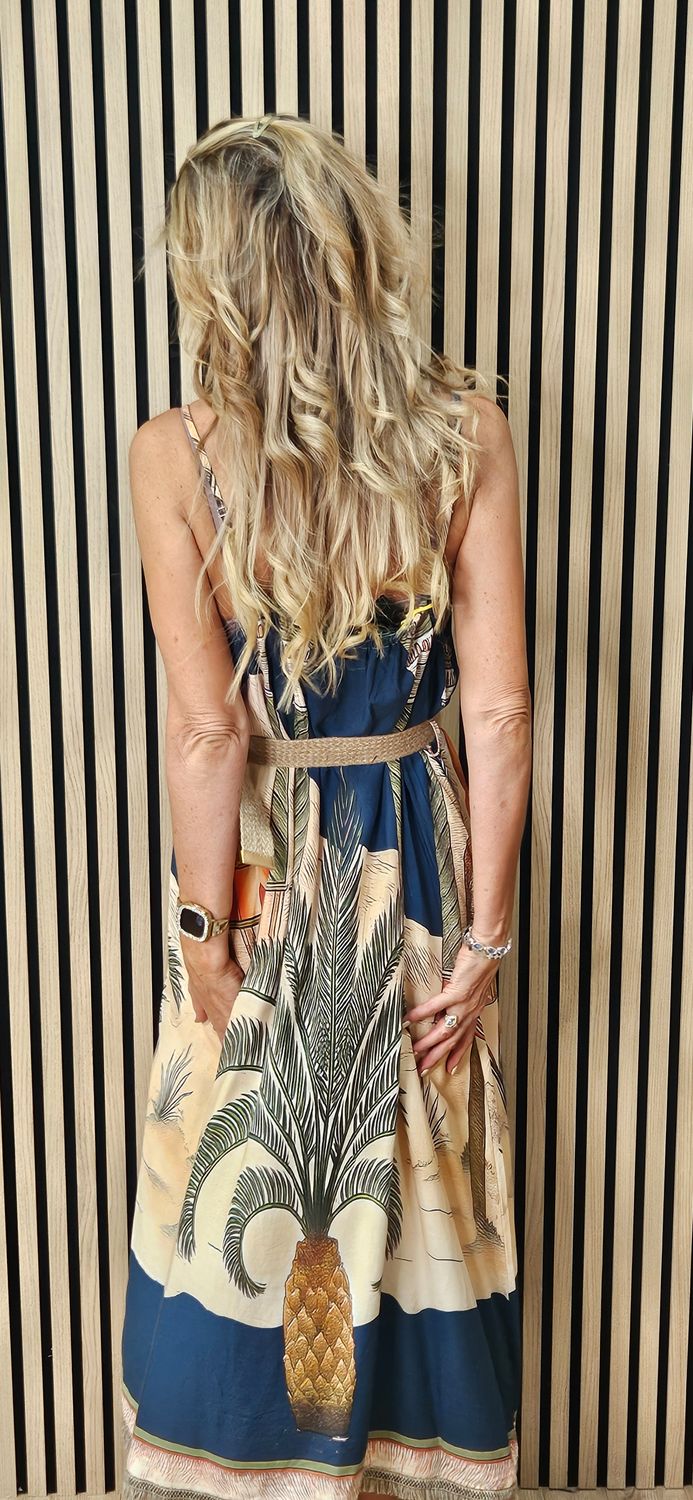 Scenic Palm Print Linen Blend Dress - Navy