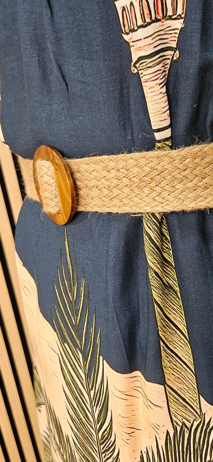 Scenic Palm Print Linen Blend Dress - Navy