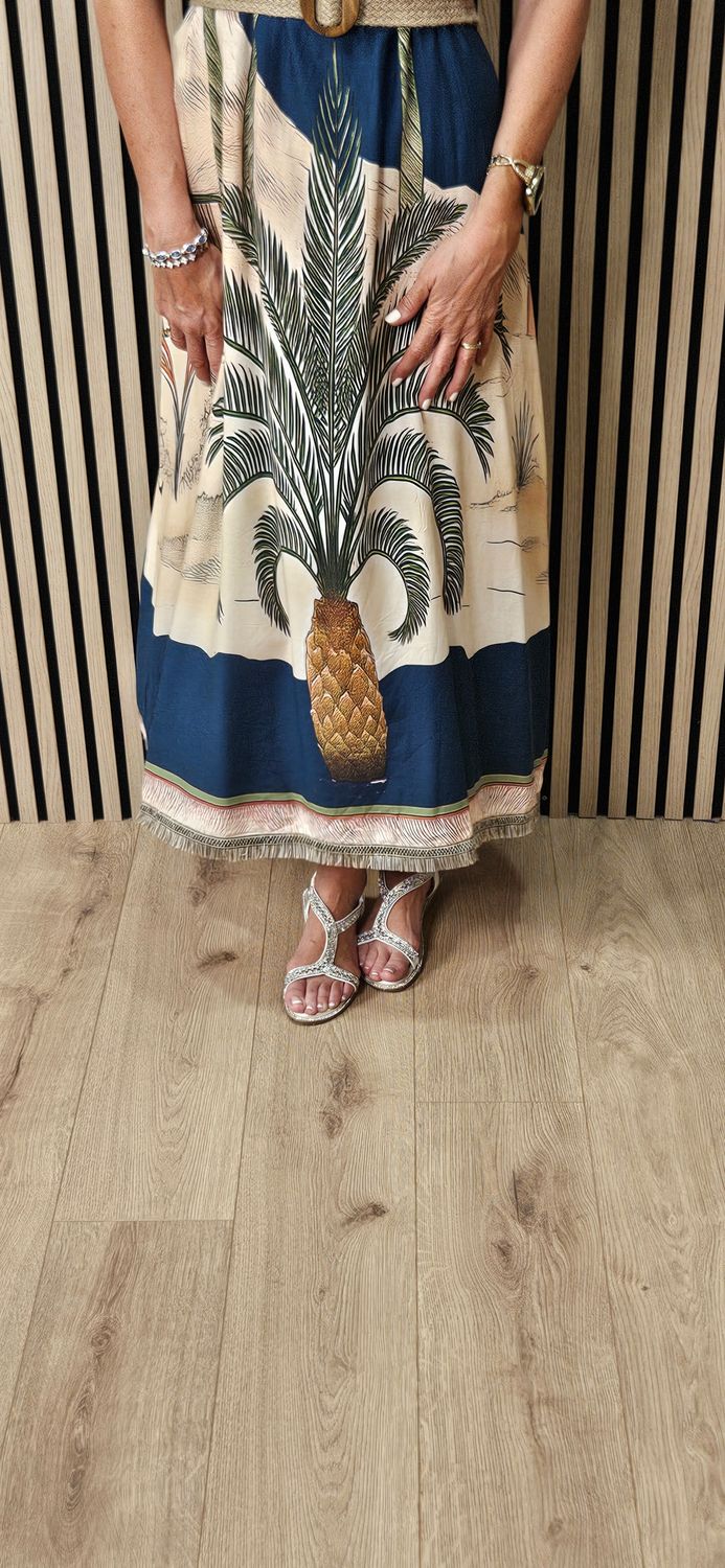 Scenic Palm Print Linen Blend Dress - Navy