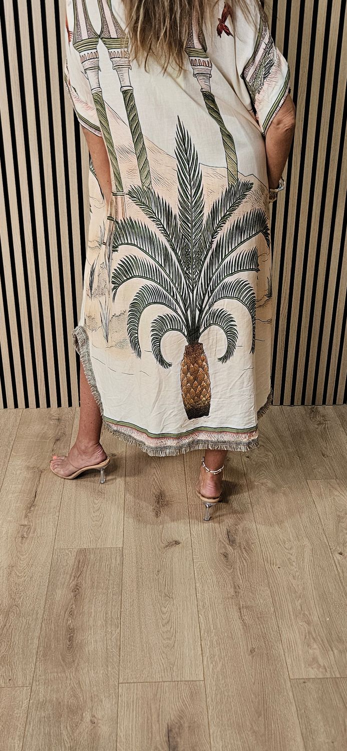 Scenic Palm Print Linen Blend Shirt Dress –  Cream