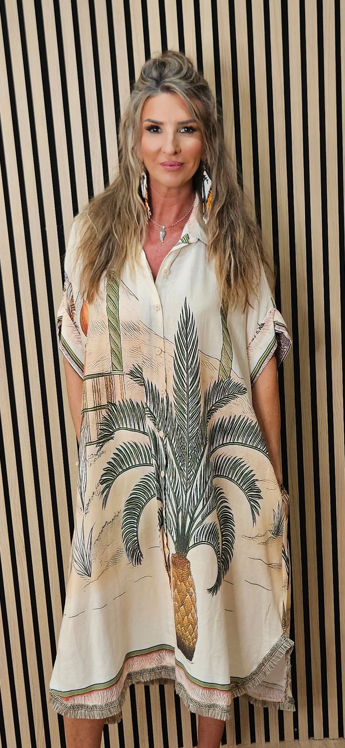 Scenic Palm Print Linen Blend Shirt Dress –  Cream
