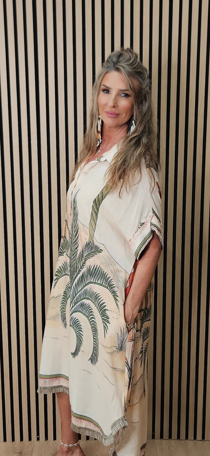 Scenic Palm Print Linen Blend Shirt Dress –  Cream