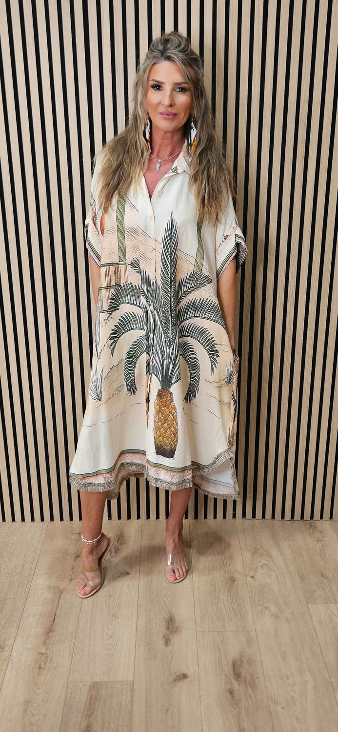 Scenic Palm Print Linen Blend Shirt Dress –  Cream
