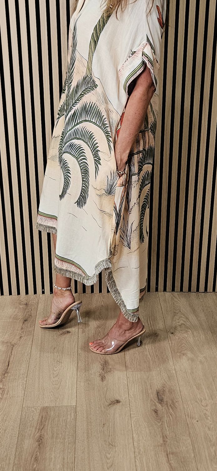 Scenic Palm Print Linen Blend Shirt Dress –  Cream