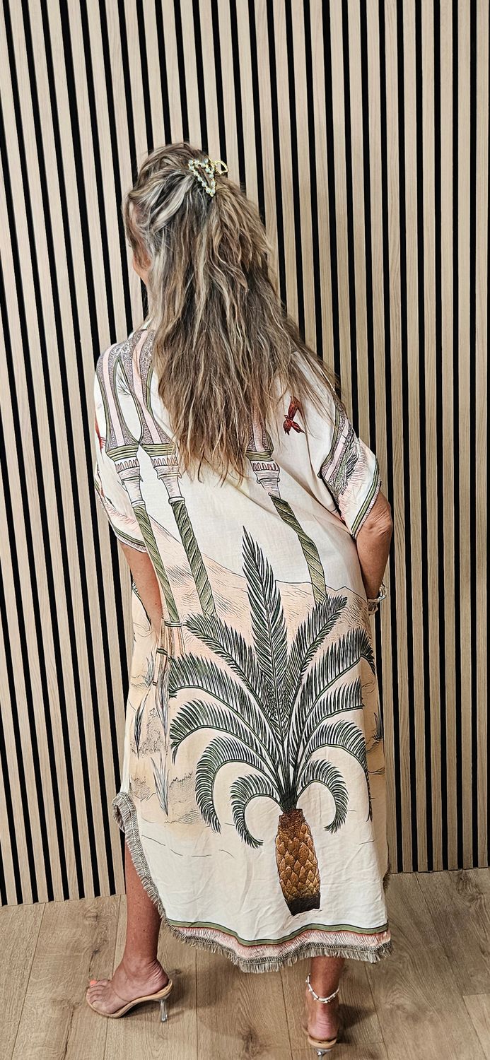 Scenic Palm Print Linen Blend Shirt Dress –  Cream