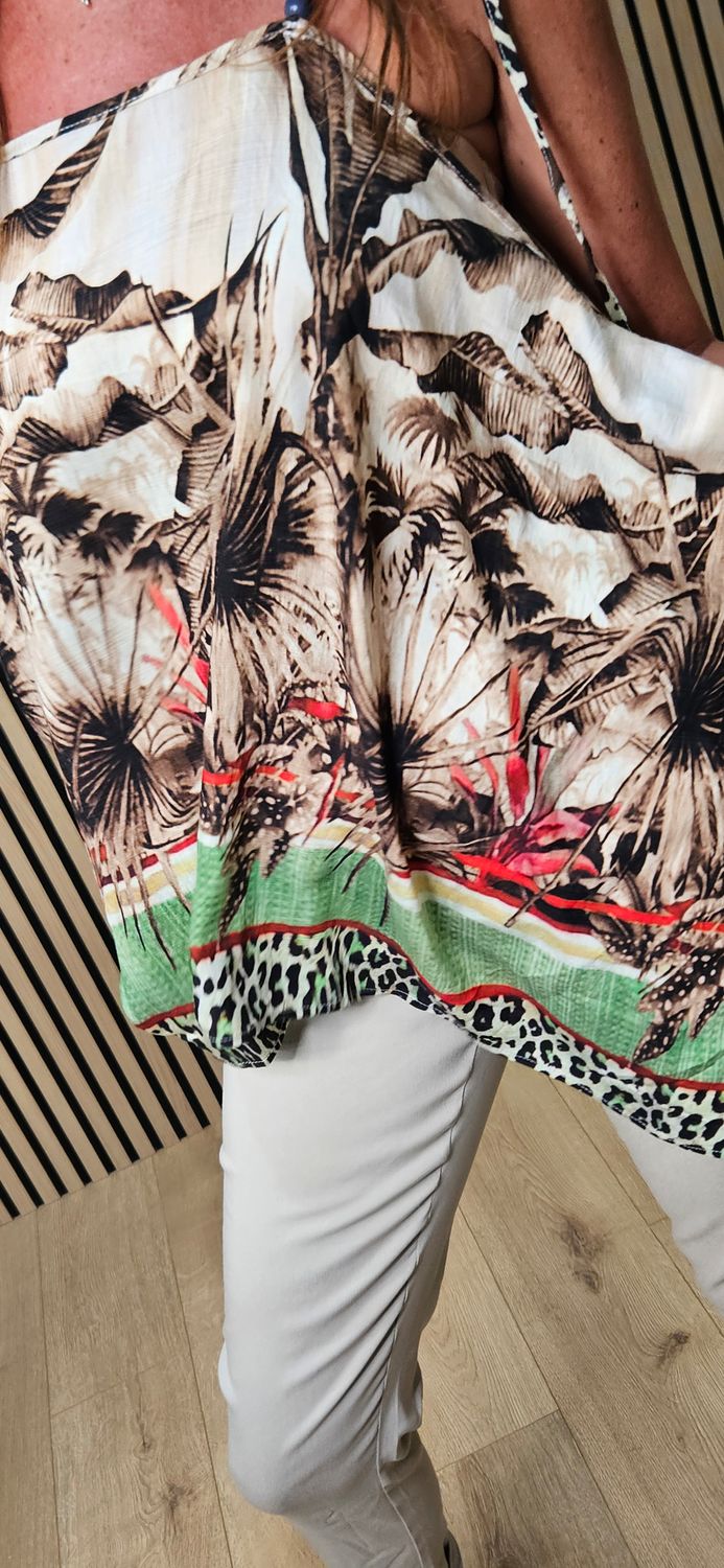 Tropical Print Tie Shoulder Top – Brown