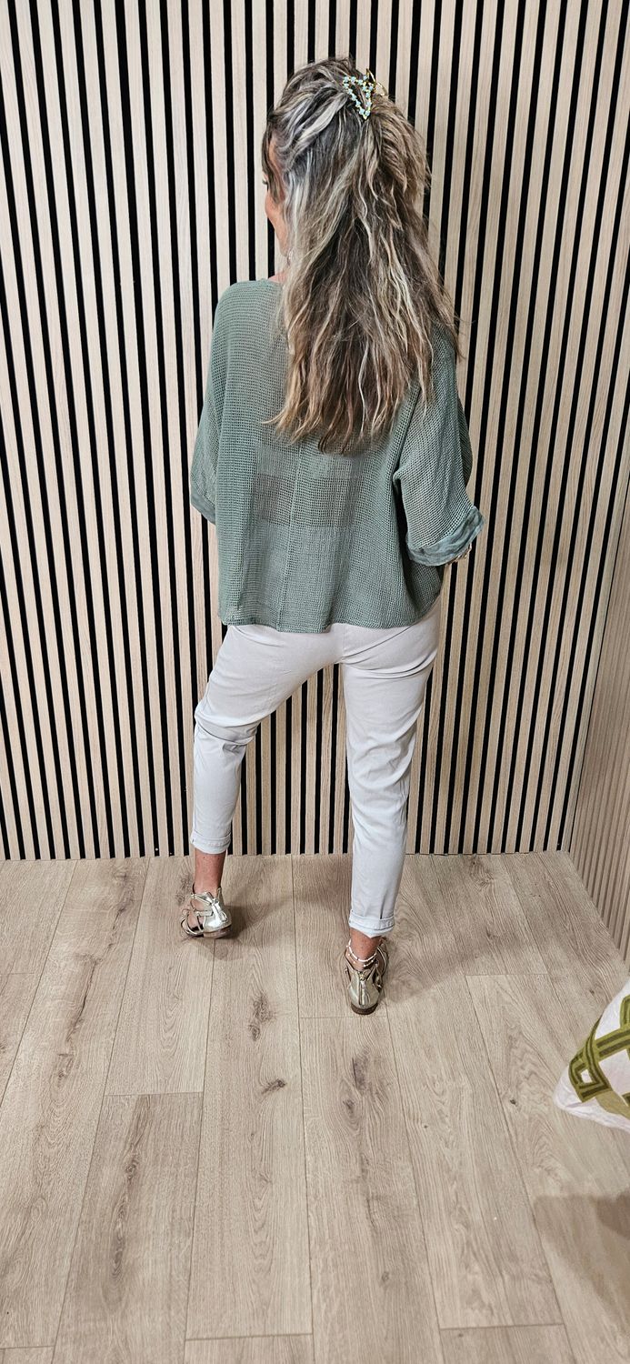 Cotton Open Knit Oversized Top – Khaki