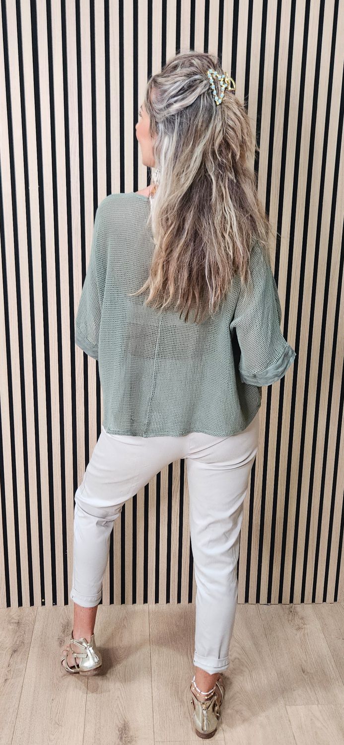 Cotton Open Knit Oversized Top – Khaki