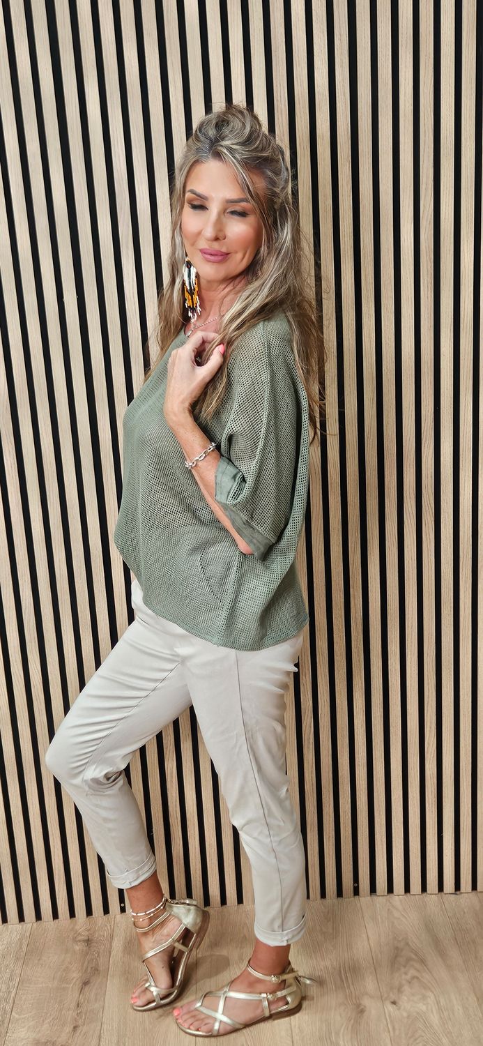 Cotton Open Knit Oversized Top – Khaki