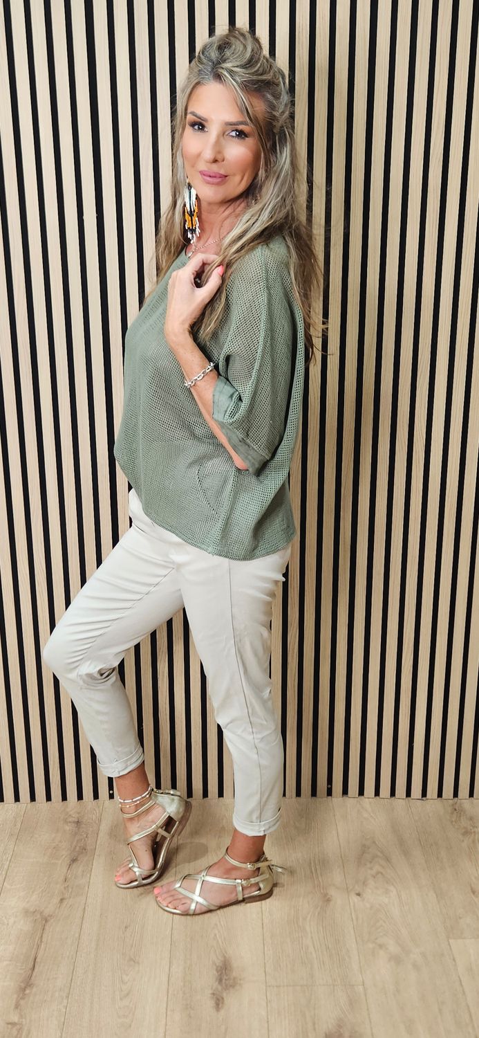 Cotton Open Knit Oversized Top – Khaki