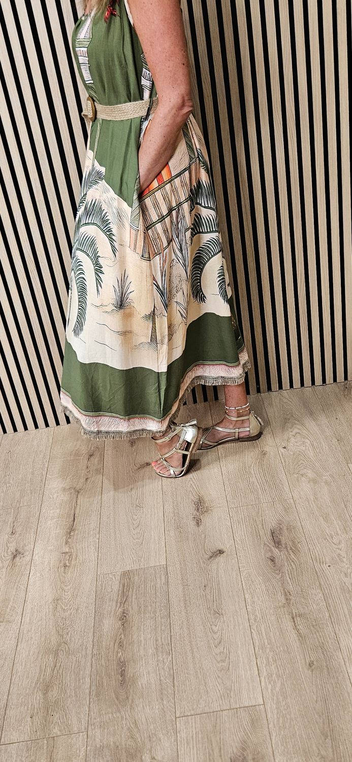 Scenic Palm Print Linen Blend Dress -Khaki