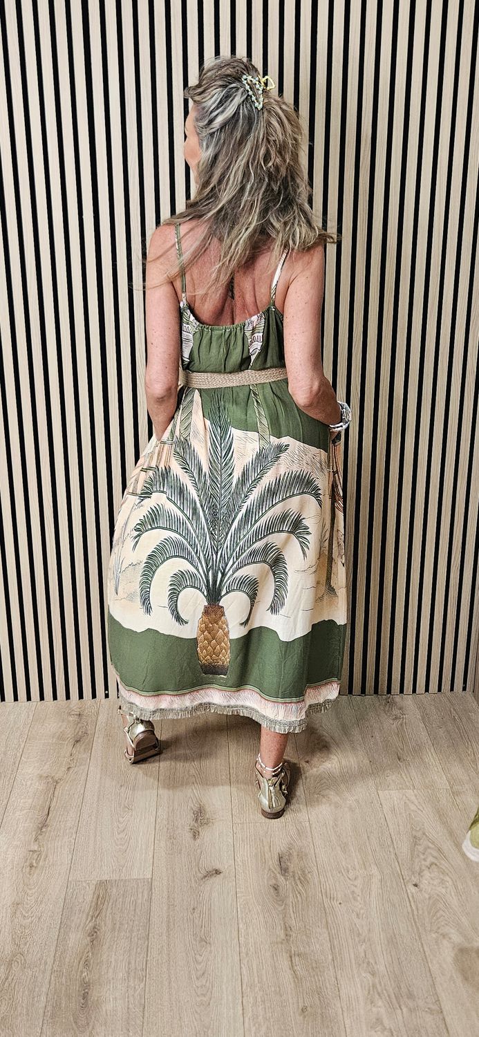 Scenic Palm Print Linen Blend Dress -Khaki