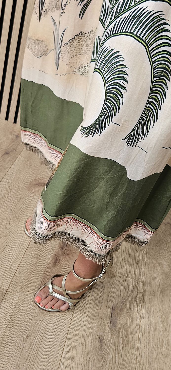 Scenic Palm Print Linen Blend Dress -Khaki