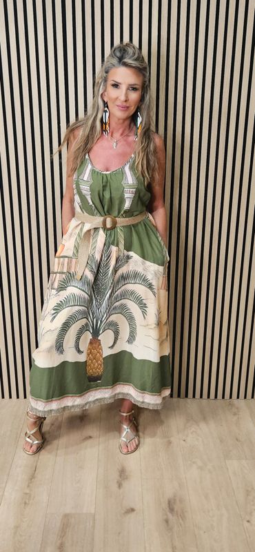 Scenic Palm Print Linen Blend Dress -Khaki