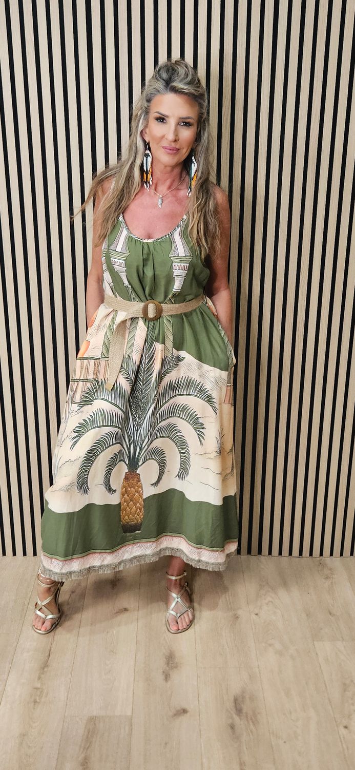 Scenic Palm Print Linen Blend Dress -Khaki