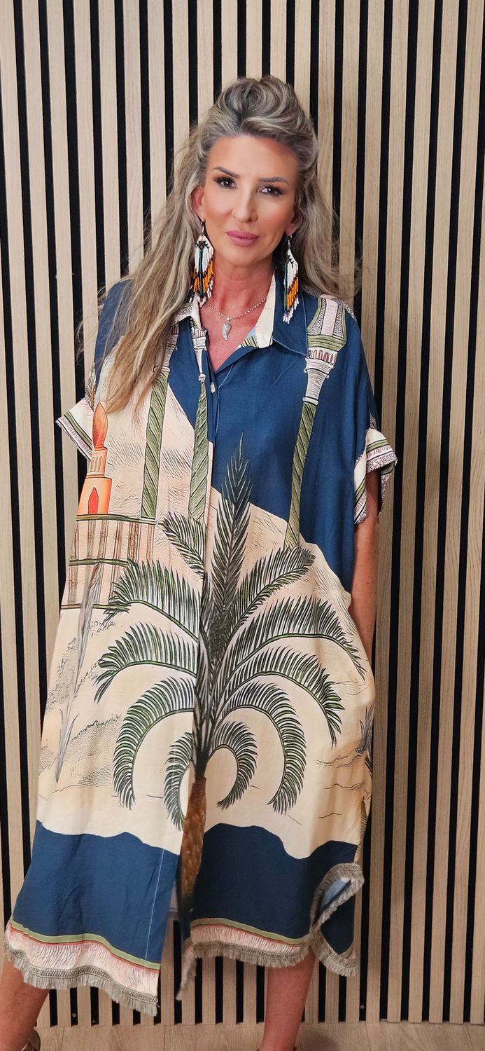 Scenic Palm Print Linen Blend Shirt Dress –  Navy