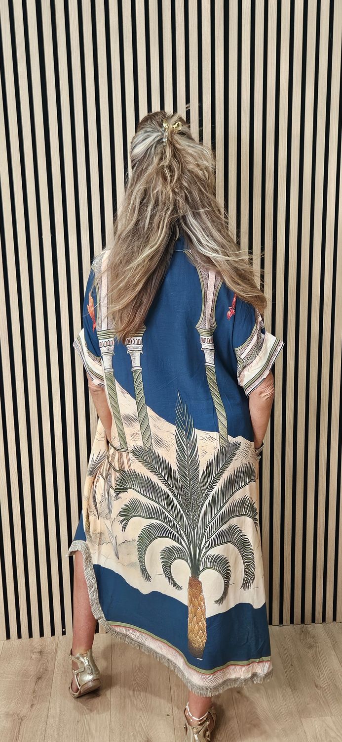 Scenic Palm Print Linen Blend Shirt Dress –  Navy