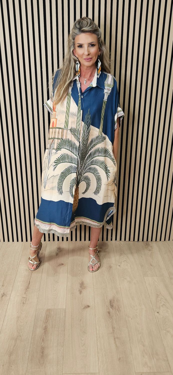 Scenic Palm Print Linen Blend Shirt Dress –  Navy