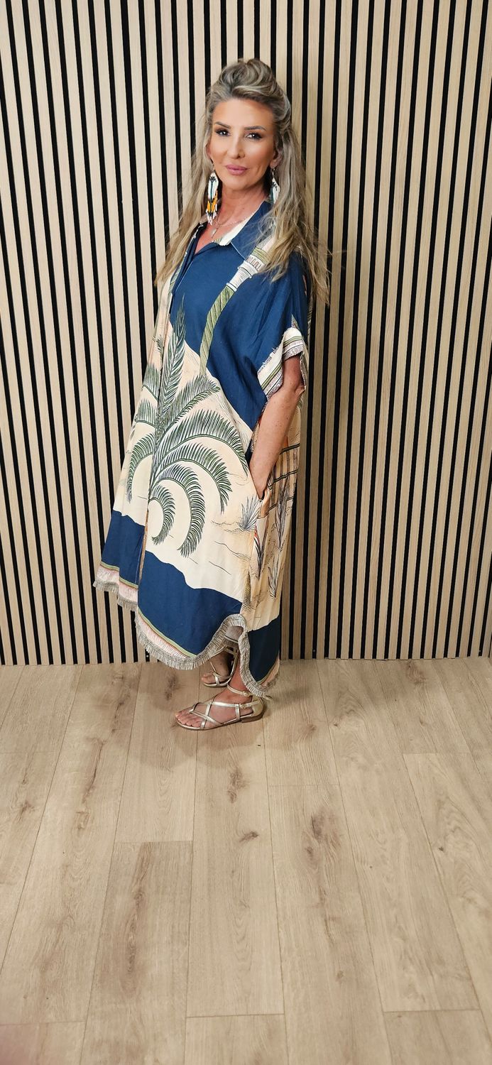 Scenic Palm Print Linen Blend Shirt Dress –  Navy
