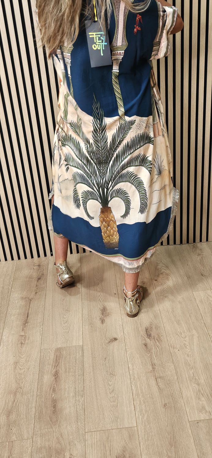Scenic Palm Print Linen Blend Shirt Dress –  Navy