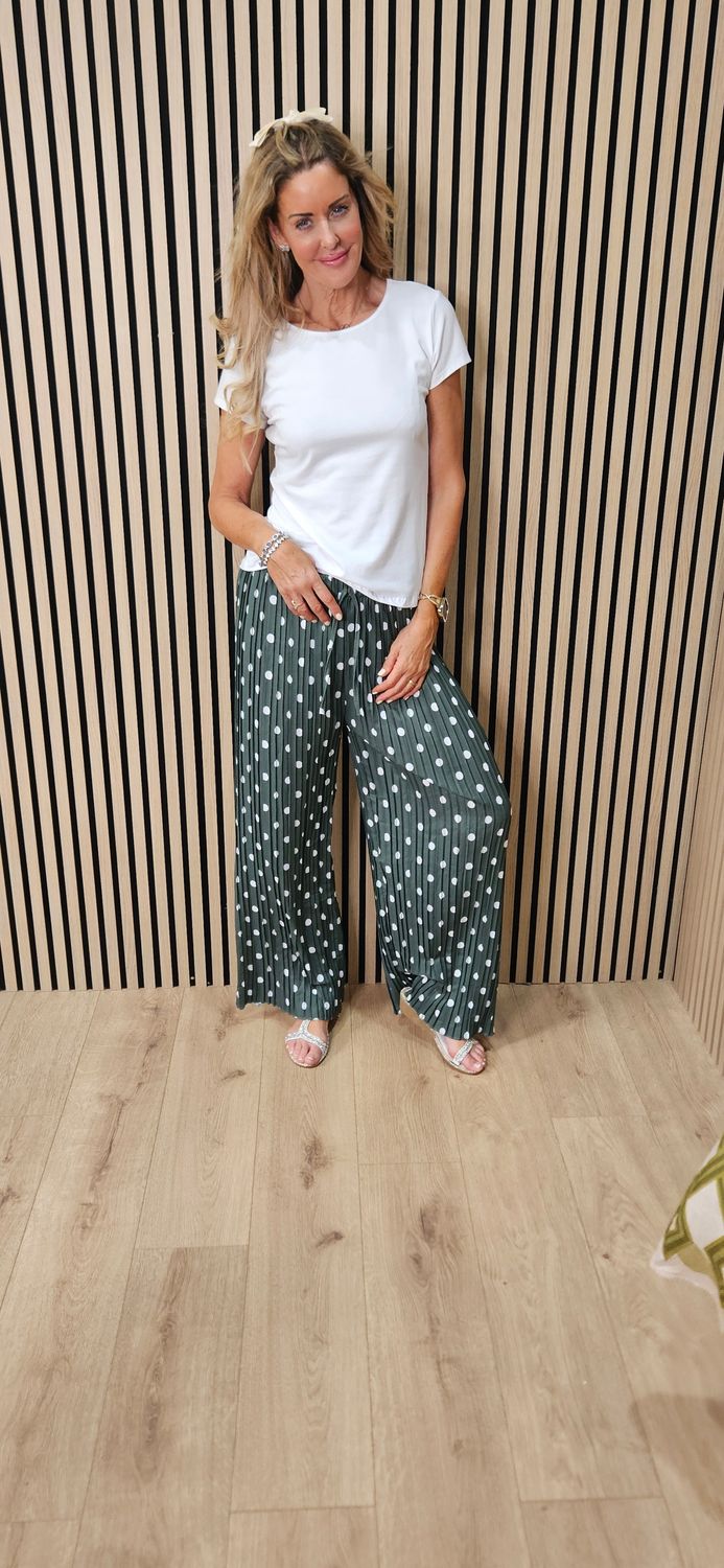 Polka Dot Pleated Wide Leg Trousers - Khaki